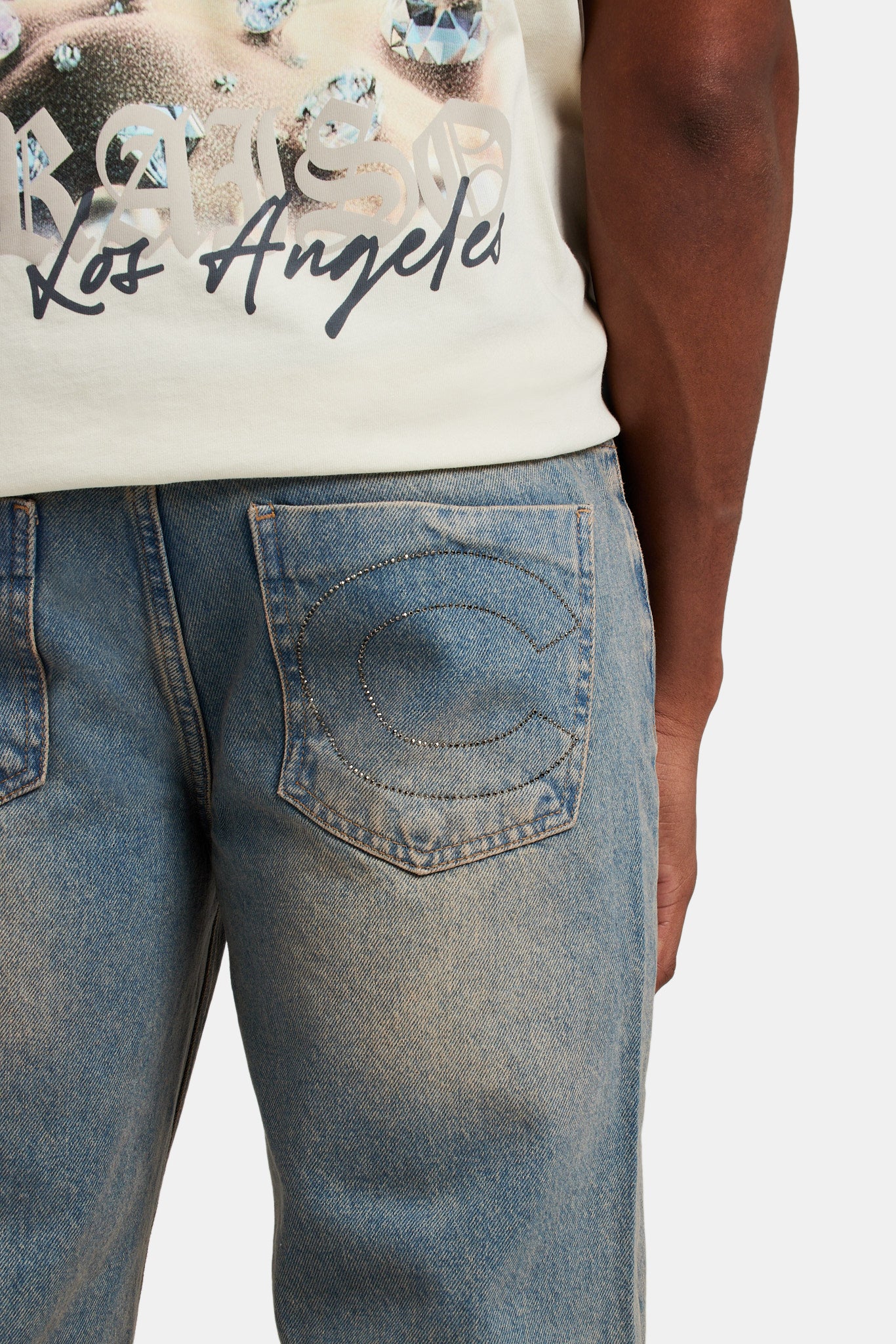 Relaxed Rhinestone Pocket Detail Jeans - Antique Wash